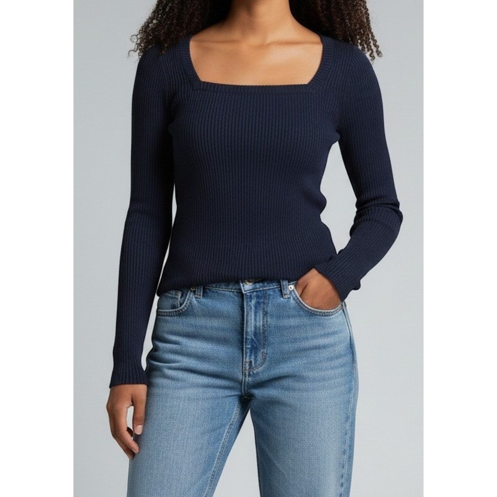 American Eagle Navy Blue Ribbed Square Neck Long Sleeve Top XS 100% Cotton